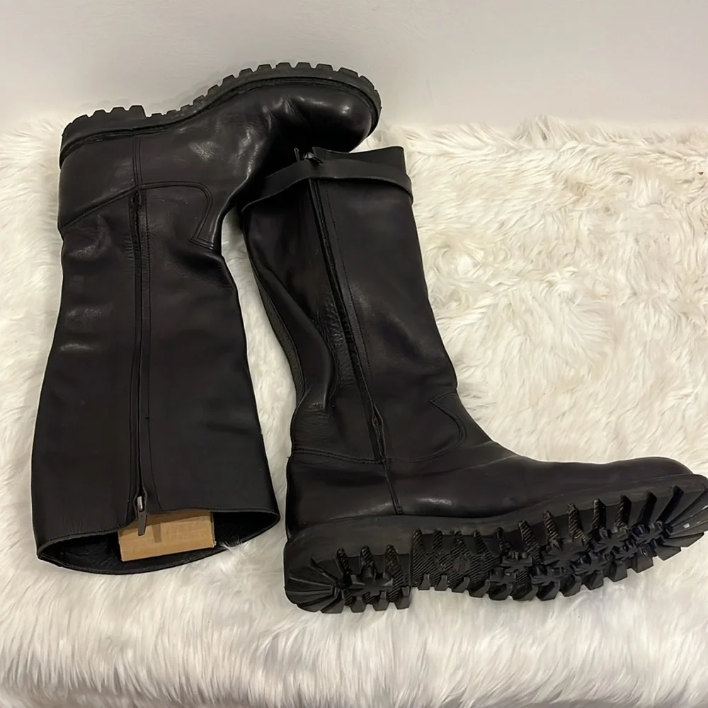 Sergio Rossi Tall Black Leather Zipper Pull On Boots Men Made in Italy Size 10
